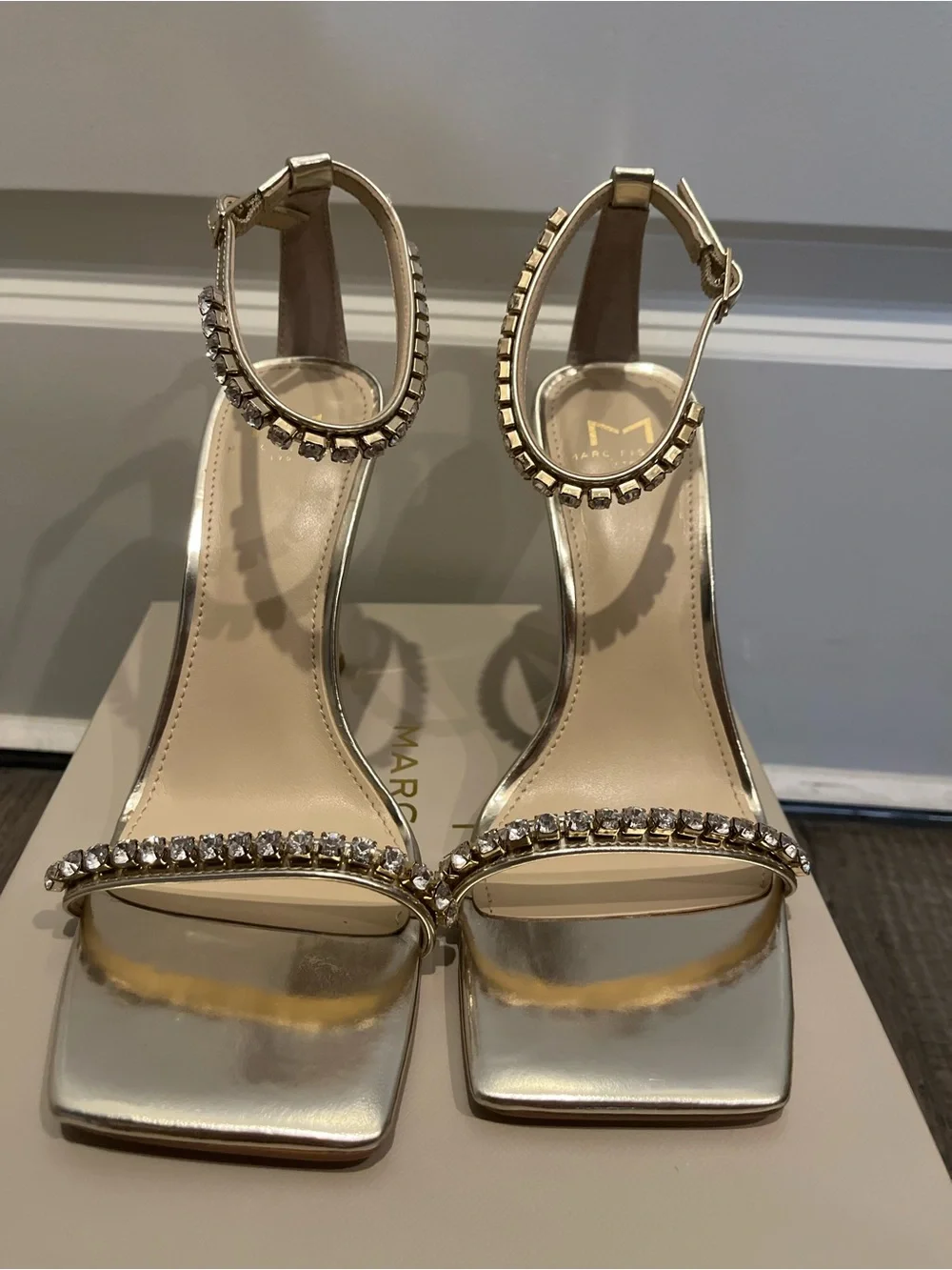 Marc Fisher LTD NWOB Karima Ankle Strap Sandal Heels In Gold Tone Size 6.5